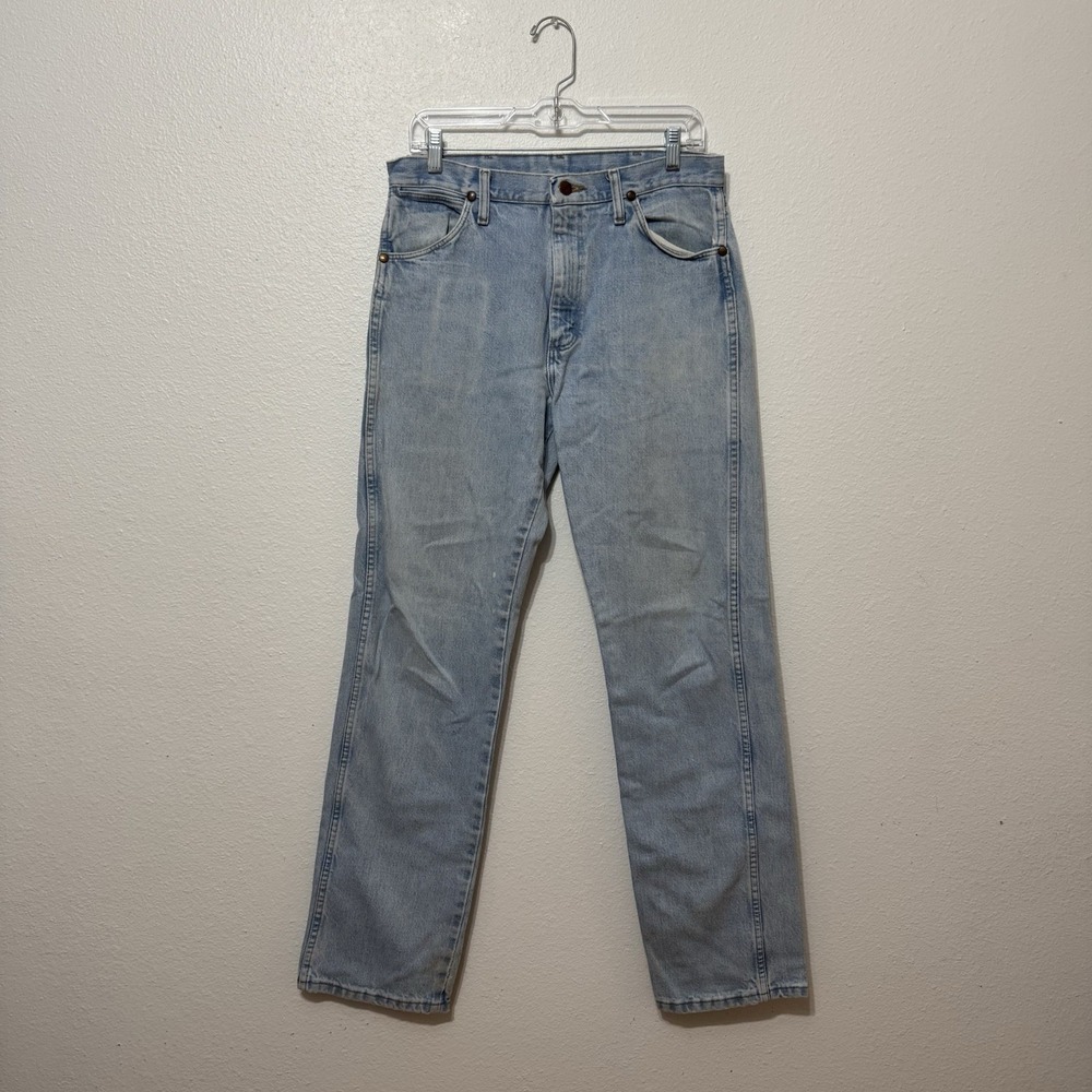 Wrangler Light Wash Denim Blue Jeans Mens Size 31 x 34 90s Mexico Bootcut Stains